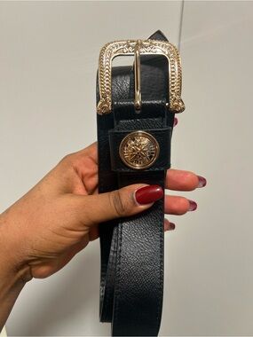 L.A Express Black Faux Leather Belt with Decorative Gold Buckle